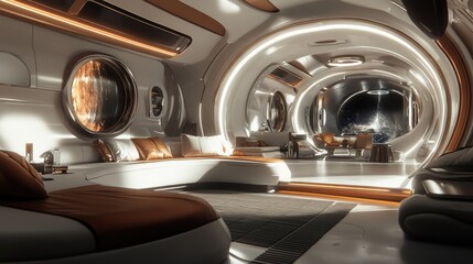 Contemporary living space in a futuristic spacecraft featuring a stylish interior design Conceptual setting reflecting sci fi themes and advanced technology
