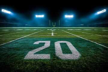 Night football field with goal posts and the 20-yard line illuminated by stadium lights.