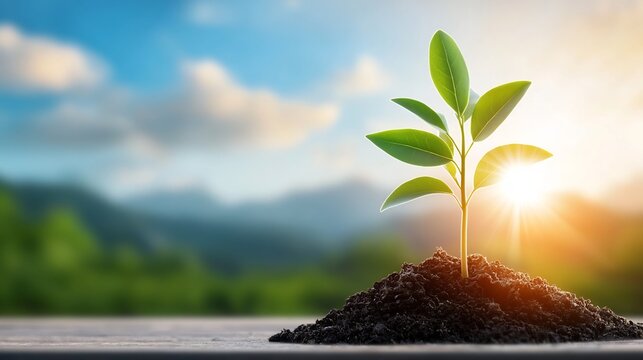 Flat design of a young plant or seedling sprouting from the soil with sunlight shining down symbolizing growth new beginnings and a bright optimistic future