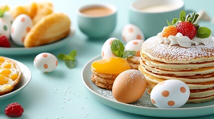 Flat design showcasing a vibrant and inviting Easter brunch spread featuring a variety of delectable dishes such as stacks of fluffy pancakes an assortment of colorful pastries fresh fruits