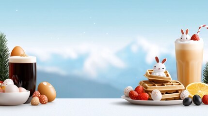 Flat of an Easter brunch setup featuring a table arrangement with dishes of waffles fresh fruit and juice surrounded by decorative bunnies eggs and other spring themed elements