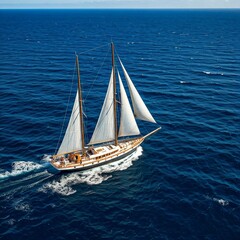 Fototapeta premium Sailing Ship on Blue Ocean Under Bright Sky with Shining Sun