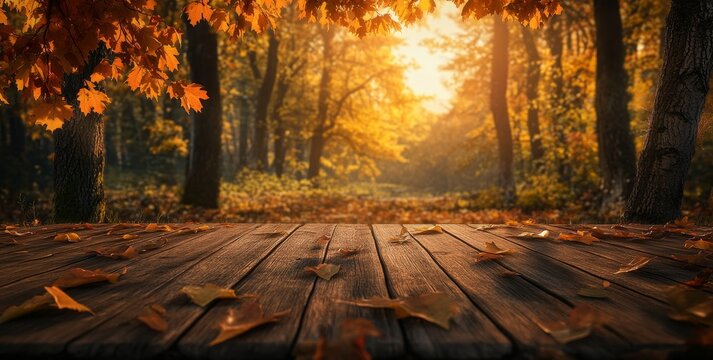 Wooden planks with fall leaves in a forest setting.