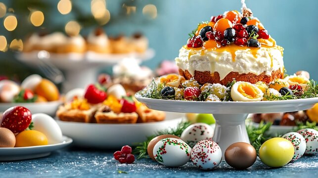 Flat of a vibrant and cheerful Easter brunch buffet with an array of delectable dishes including quiches fruit salad and beautifully decorated eggs styled in a festive and appetizing display