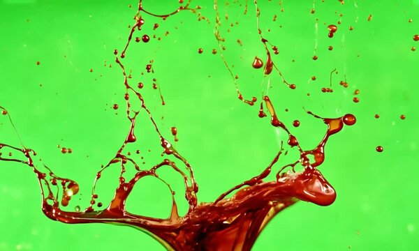 Dramatic Blood Splash: Slow-Motion Eruption with Shimmering Droplets on green screen background