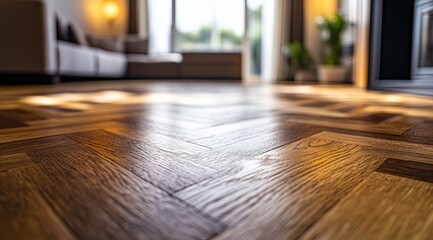 Close-up of shiny, light brown herringbone hardwood floor.