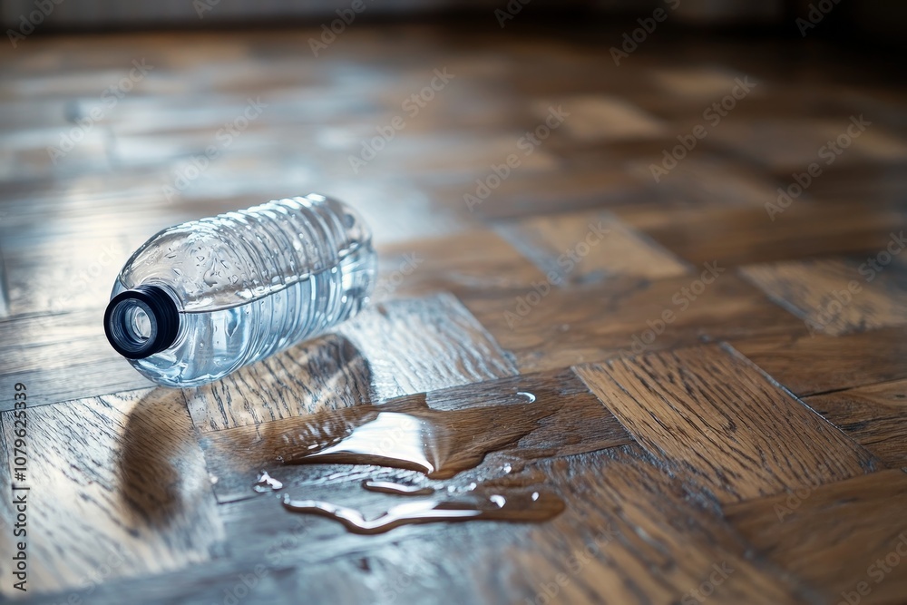 Aufkleber a close-up of a partially filled water bottle lying on a wooden floor with a puddle of water beneath