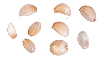 Top view fresh peeled garlic cloves on white background.