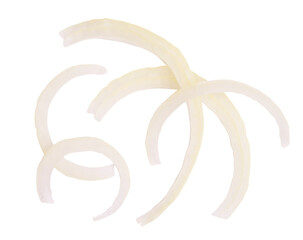 Top view large onion slice into strips on white background