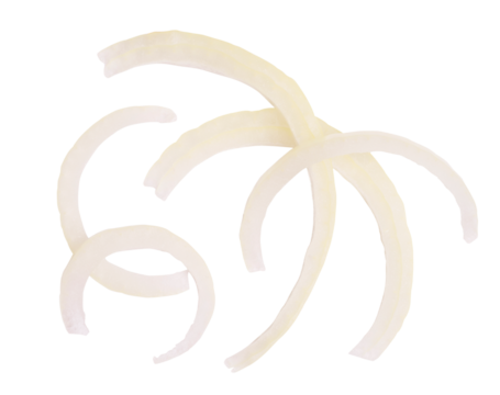 Top view large onion slice into strips on white background