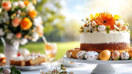Lush and Colorful Spring Inspired Easter Brunch Buffet Featuring Lavishly Decorated Cakes Eggs and Floral Arrangements Displayed on a Table in a Sunlit Garden Landscape
