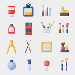 Colorful Art Supplies and Tools Arrangement on a Soft Gray Background with Paints, Brushes, and Accessories for Creative Projects and Artistic Expression