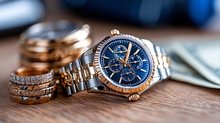 Meticulously arranged luxury items like high end watches gold rings and stacks of currency create a visually captivating display of wealth success and affluence