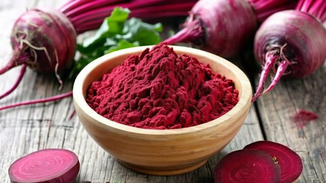 Beetroot powder in a wooden bowl. Beetroot powder is a nutrient-dense, versatile superfood, ideal for smoothies, baking, sauces, providing antioxidants, fiber, and natural color enhancement. 