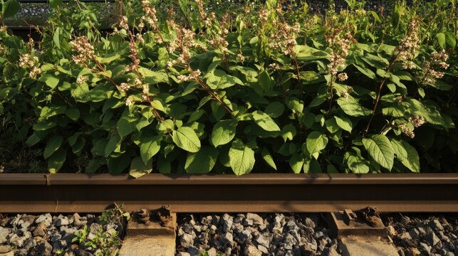 Japanese knotweed is an invasive non native plant species commonly found in disturbed areas and alongside railway tracks