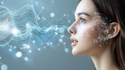 Digital face authentication and verification process for futuristic high tech identity validation and security  Transparent energy waves and abstract digital patterns around a female profile