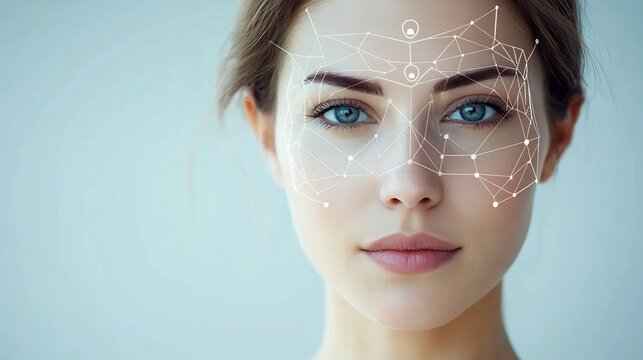 Digital biometric face recognition and identity concept featuring a human face with a futuristic grid pattern overlay representing advanced technology security and authentication in the digital age