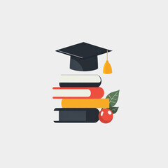 Colorful Illustration of Books and Graduation Cap Representing Education, Knowledge, Learning, and Academic Achievement in a Minimalist Design Style