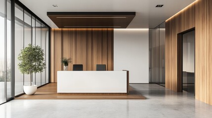 Modern office featuring a wooden and glass design with a white reception area on the side