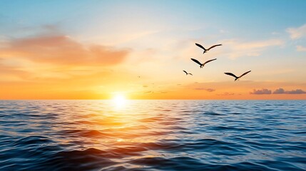 Fototapeta premium Serene sunrise over the calm ocean horizon with silhouetted birds soaring towards the glowing light symbolizing freedom new journeys and hope for the future A minimalist