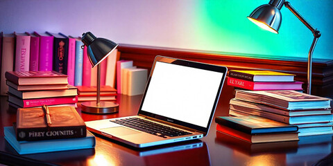 Various type of books near the laptop with blank white screen on wooden desk high quality photo