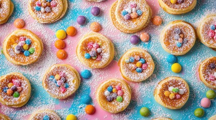 Mini Dutch pancakes topped with vibrant powdered sugar and candy Flat lay overhead view with plenty of empty space for your text