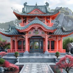 Fototapeta premium A red and white building with a green roof and a large window