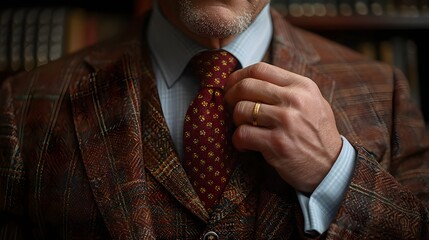 A man in a suit and tie is adjusting his tie