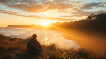 Obraz premium A solo traveler watching the sunrise from a quiet beach