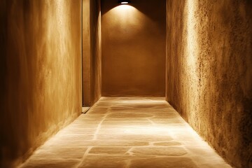 Fototapeta premium A serene corridor illuminated by soft lighting, showcasing textured walls and stone flooring.