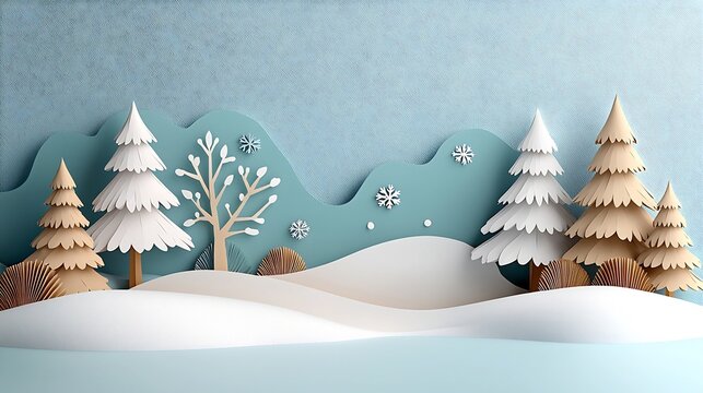 Enchanting layered paper cut artwork depicting a peaceful snowy forest landscape with tall pine trees  soft snow on the ground  and delicate layers of falling snowflakes creating depth and a serene