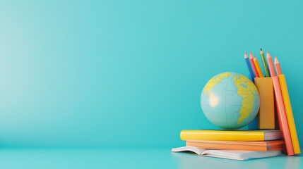 Colorful stationery featuring a globe, books, and pencils arranged neatly on a vibrant turquoise background, ideal for educational themes, classrooms, or study settings.