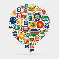 Colorful Collection of Iconic Symbols and Emblems from Various Global Cultures and Nations in a Vibrant Balloon Shape Illustration