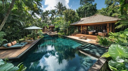 Tropical luxury backyard with infinity pool, lush garden, and cozy cabana 