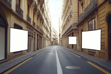 Obraz premium A deserted street scene featuring blank billboards in an urban setting.