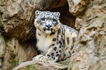 Fototapeta premium A snow leopard resting on rocky terrain, showcasing its beautiful spotted fur and calm demeanor.