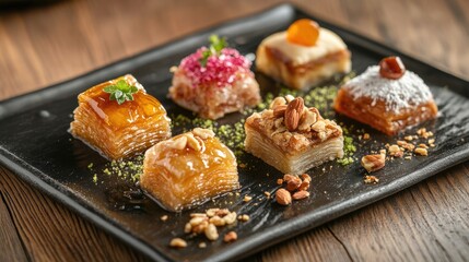 Assorted traditional honey desserts featuring baklava made with layer dough nuts and sweet syrup presented on a black plate or wooden surface