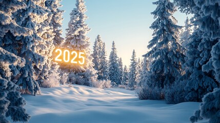 An icy forest landscape at dawn with "2025" softly glowing from within the snow-covered trees, casting a serene ambiance under a clear winter sky.