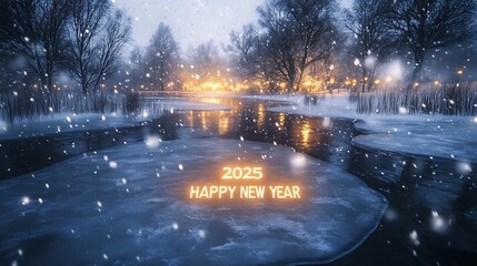 An icy river with "2025 HAPPY NEW YEAR" softly glowing under the surface, with light snow falling and trees reflecting on the frozen water