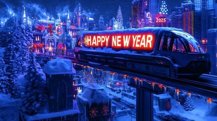 An illuminated "2025 HAPPY NEW YEAR" sign displayed on a futuristic monorail train, passing through a snow-covered cityscape lit with festive decorations