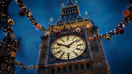 An intricate clock tower adorned with sparkling lights and decorations, striking midnight on New Year's Eve, set against a dark blue sky,