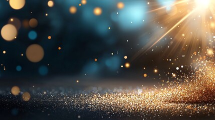 Obraz premium Flat of a golden glitter explosion with sparkling particles and light rays radiating from the center creating a celebratory and festive atmosphere The image is perfect for backgrounds banners