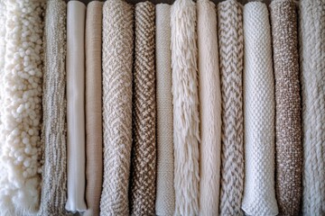 Close up of a selection of rolled up rugs in various textures and colors, including white, beige,...