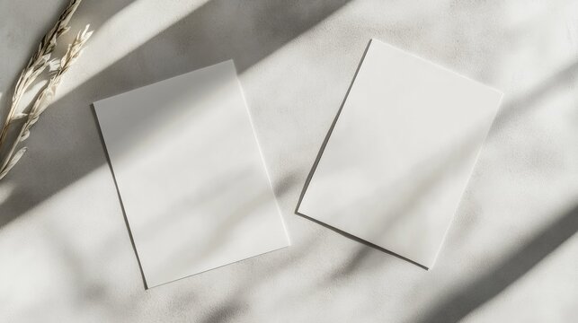 Two blank vertical rectangle menu or price list mockups with subtle shadows positioned diagonally on a neutral light grey concrete background Flat lay perspective