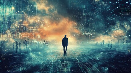 Silhouette of a Man Walking Towards a Futuristic Cityscape