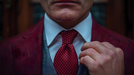 A man in a red suit and white shirt is adjusting his tie
