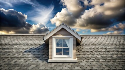 dormer window on grey shingled roof with soft cloud