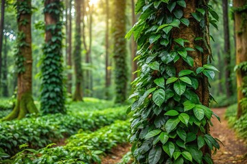 Coffee plant in a lush forest with vines crawling around the trunk and leaves scattered on the ground, greenery, tropical, nature