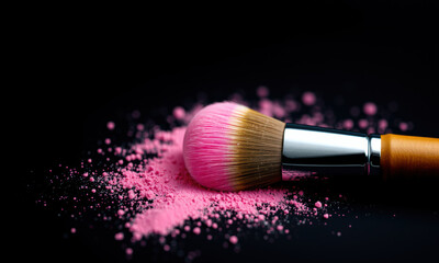 Fototapeta premium Close up of makeup brush with pink powder scattered on dark background, showcasing beauty tools and cosmetics. vibrant colors create artistic and appealing composition