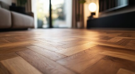Closeup of light brown wooden floor with a herringbone pattern.